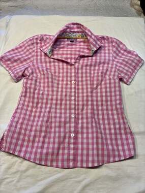 Laura Scott Women's Pink and White Gingham Short Sleeve Button Down Shirt Size S
